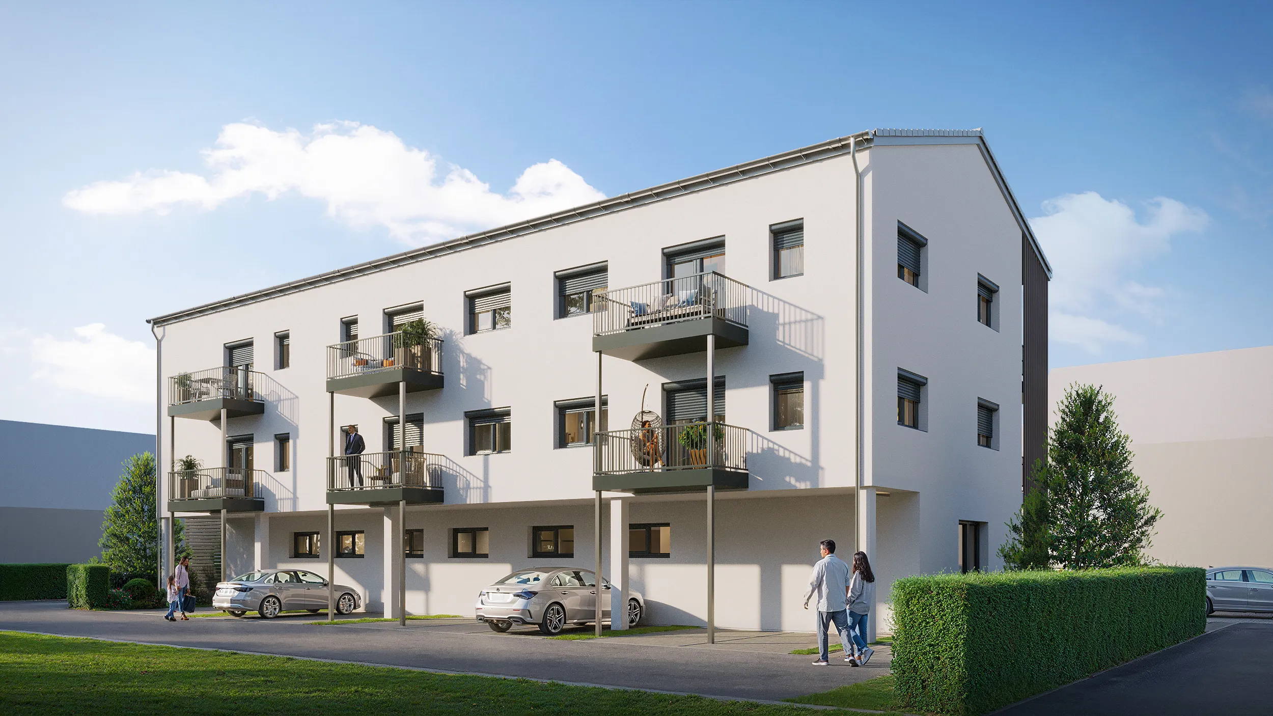 Wohnen am Schloss Trunstadt — Perspektive Balkone und Eingang